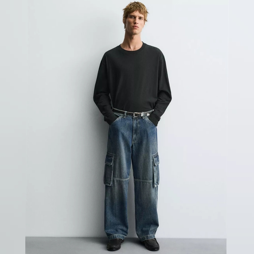 NWT Zara Straight Fit Cargo Jeans Mens Size 30 Blue Pockets Zip Fly 100% Cotton